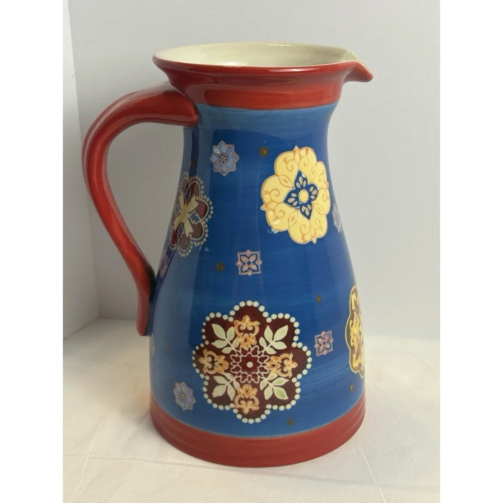Dutch Wax Coastline Imports Floral Ceramic Pitcher Hand Painted Boho 9.5”